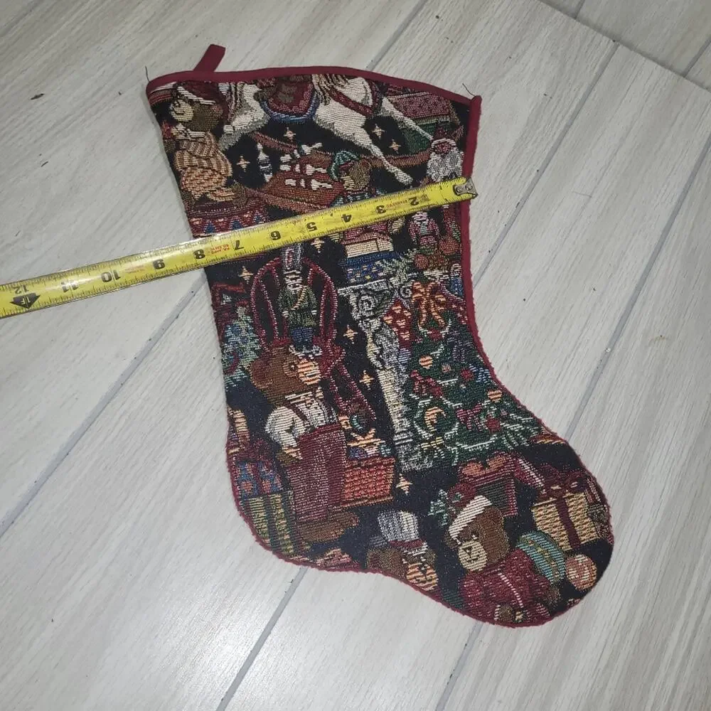 Vintage Tapestry Cross Stitch Stocking Teddy Bear Family Celebrating Christmas